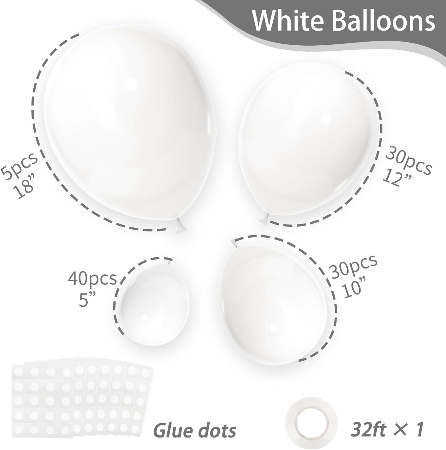 RUBFAC White Balloons - 105pcs in 5/10/12/18 Inch Sizes | Ideal for Garland, Party & Event Decorations
