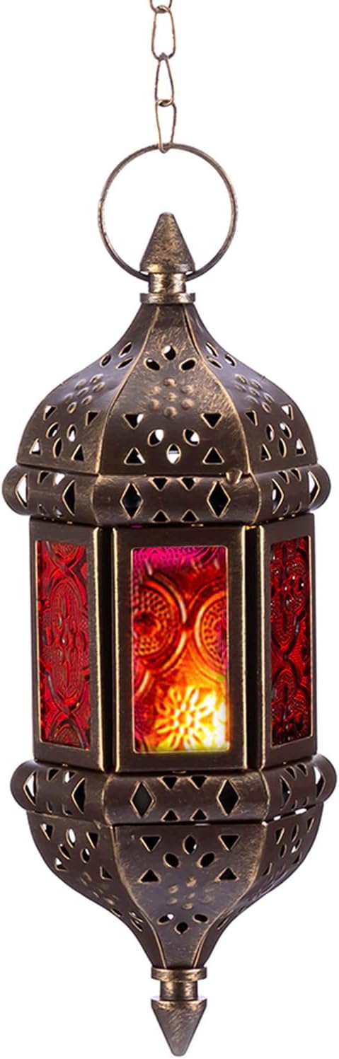 Skiennix Hanging Hexagon Candle Lantern - Handmade Moroccan Tea Light Holder in Brown Metal & Colorful Glass