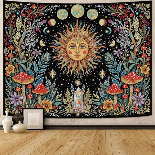Boho Sun and Moon Wall Tapestry - Vintage Celestial Mushroom Wall Hanging