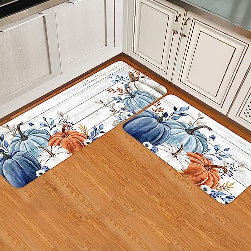 Fall Pumpkin Kitchen Mat Set 2 Pieces with Non-Slip Backing - 15.7"x23.6" & 15.7"x47.2" Thanksgiving Decor Rugs