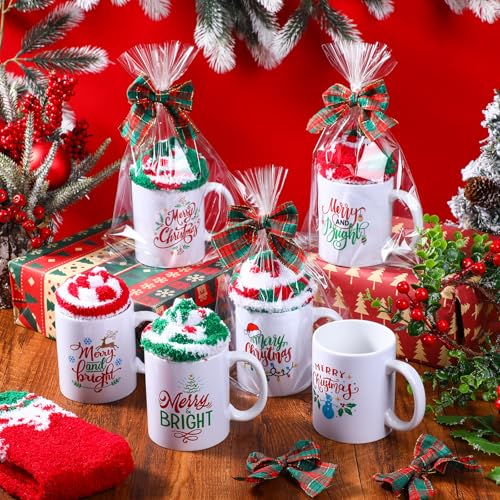 6 Sets Classic Christmas Mug Gift Set with Fuzzy Socks for Women - 12 oz