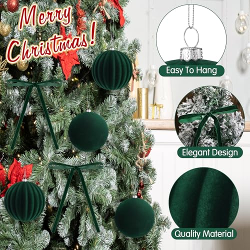 Green Velvet Christmas Balls & Bows Set - 12 4-Inch Ornaments + 24 Pre-Tied Bows