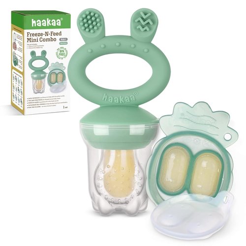 Haakaa Baby Fruit Feeder & Mini Freezer Nibble Tray Combo - BPA-Free Silicone Popsicle Molds for Safe Self-Feeding (Pea Green)