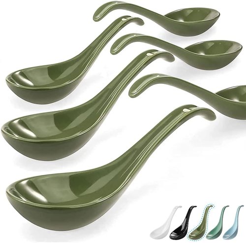 Artena 6.75-Inch Solid Asian Soup Spoon Set of 6 | Ultra-Fine Porcelain Ramen & Miso Spoons - Green