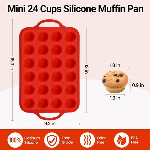 CAKETIME Silicone Mini Muffin Pan - 24-Cup BPA-Free Muffin Molds with Metal Reinforced Frame | Red, 2-Pack