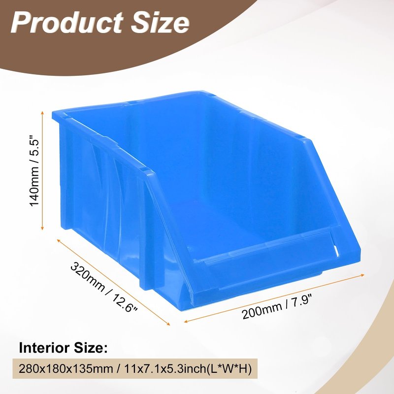 HARFINGTON 2pcs Plastic Shelf Bins 11" x 7.1" x 5.3" Wall Mounted Storage Bins Stackable Storage Box Organizer for Garage Closet Drawer Organization, Blue