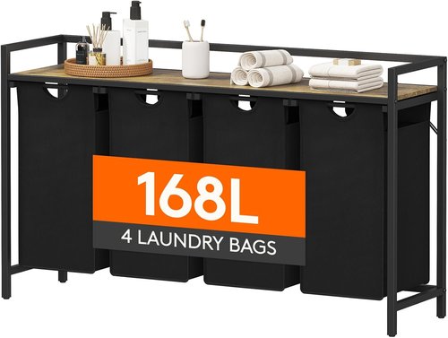 Lifewit Laundry Hamper - 4-Section Organizer with Large Top Shelf & 4 Removable Bags - Black