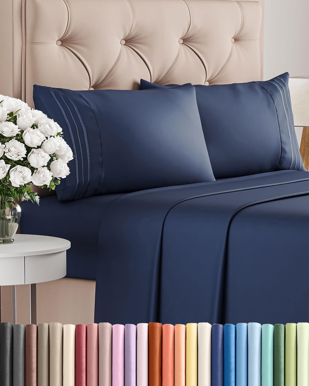 Skiennix Full Size 4-Piece Sheet Set - Ultra-Soft Cooling Bed Sheets - Hotel Luxury Bedding - Deep Pockets - Navy Blue