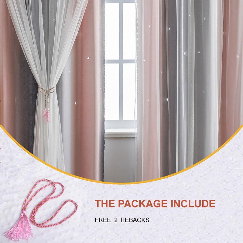 conokata Star Girl and Kids Curtains for Bedroom Rainbow Ombre Double Layer Cute Shot Nursery Darkening Grommet Princess Room Décor 2 Panels Living Room Window Curtain (Pink-Grey, 52W x 84L)