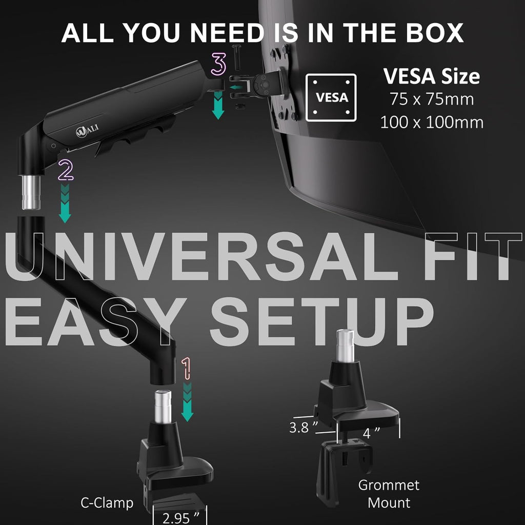 WALI Heavy Duty Monitor Arm - Adjustable Gas Spring Desk Mount for 17-49 Inch Screens | Black