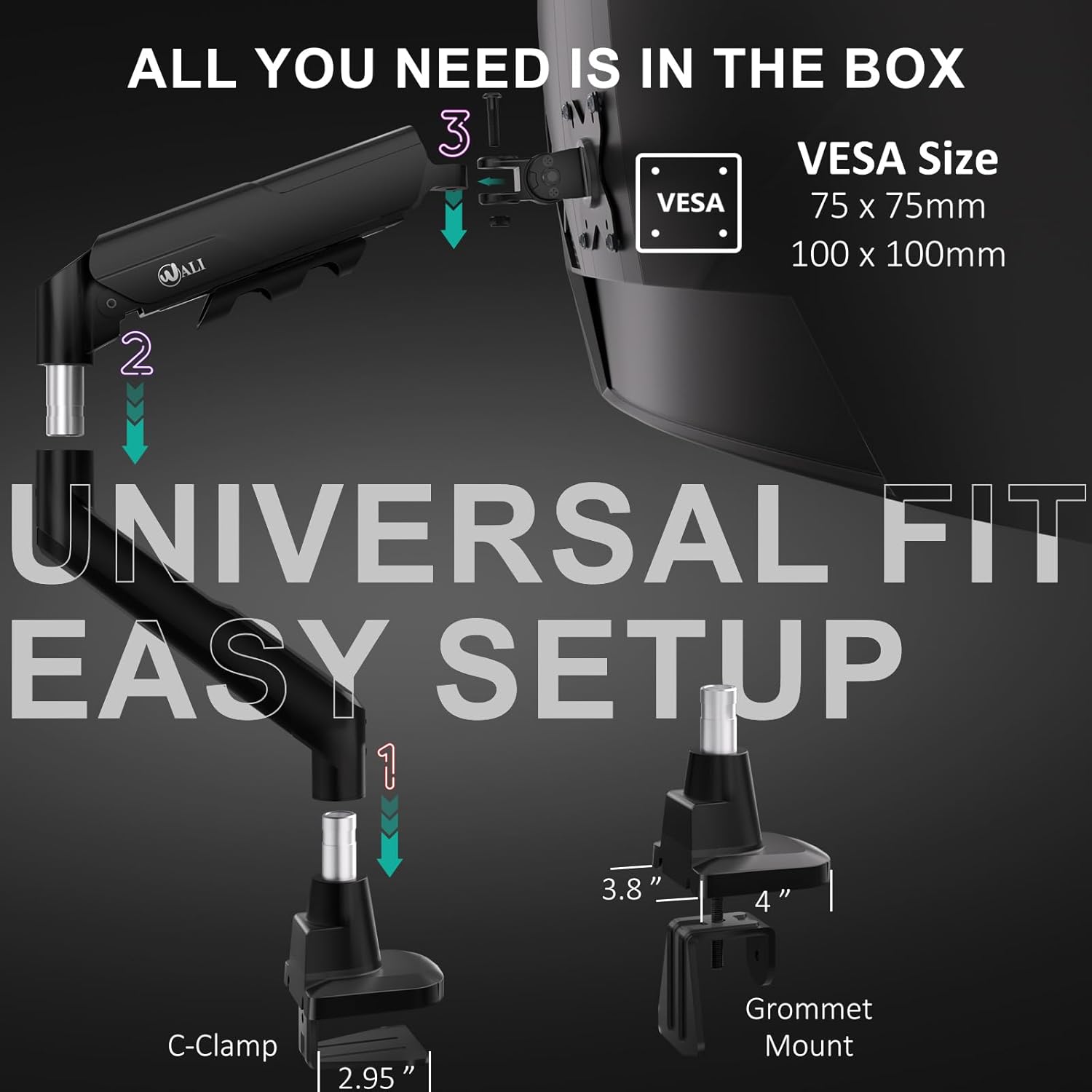 WALI Heavy Duty Monitor Arm - Adjustable Gas Spring Desk Mount for 17-49 Inch Screens | Black