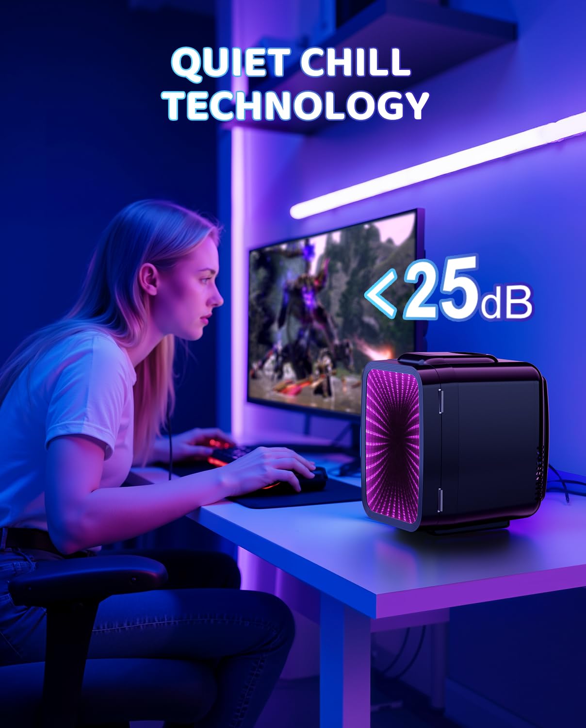 LIGIANT MF01C Mini Fridge, 7 Light Modes With Running Light Mode, 4 Liter/6 Cans, Quiet Cooling & Retention Function, AC/DC Power, Gaming Mini Fridge for Bedrooms, Office and Car