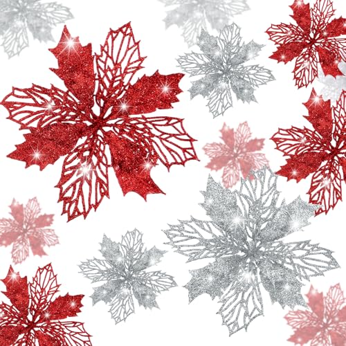 Boao 24 Pcs Red and Silver Christmas Artificial Poinsettia Flowers - Holiday Decor