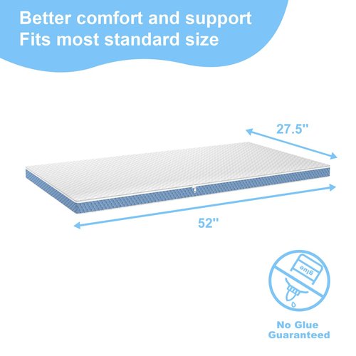2"x27.5"x52" Mattress Topper, Ultra-Soft Gel-Infused Memory Foam, Odorless & Noiseless Water-Proof Sleep Surface, Detachable and Washable Outer Cover, Pure White & Blue