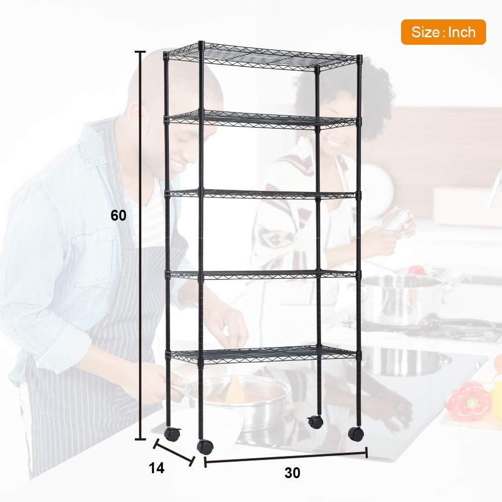 BestOffice 5-Tier Wire Storage Shelves - Adjustable Heavy-Duty Metal Racks with Wheels | 14x30x60 | Black | Holds Up to 220 lbs | Easy No-Tool Assembly for Home & Garage