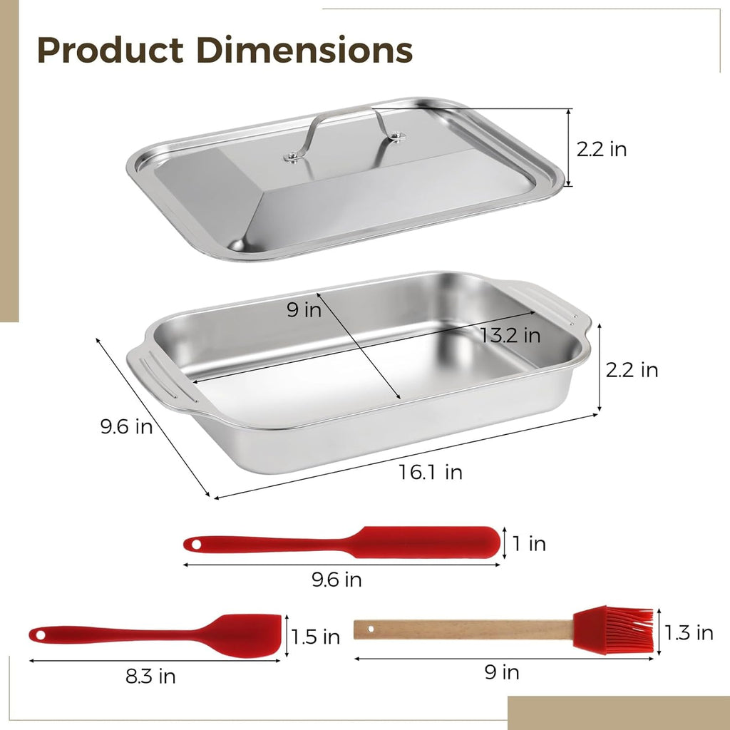 Skiennix 9x13 Stainless Steel Cake Pans - Durable Baking Trays with Double Handles & Silicone Brush