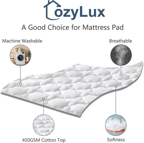 CozyLux Queen Mattress Pad - Breathable Cotton Cooling Topper | Quilted Fitted Cover for 8-21" Deep Mattresses (60"x80", White)