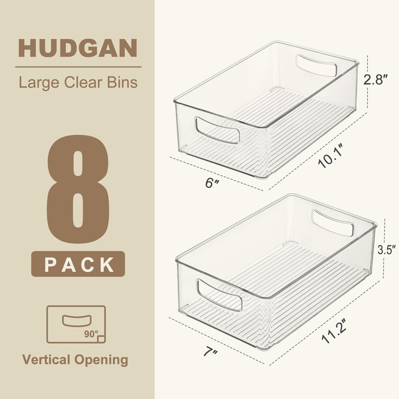 Hudgan Clear Storage Bins 8 Packs for Refrigerator, 4 Large Stackable Pantry Organizer Bins and 4 Medium Storage Plastic Containers for Home Edit, Kitchen, Freezer, Bathroom, Drawers, Shelves