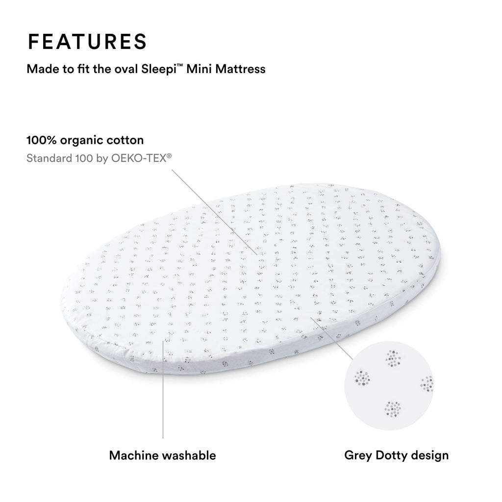 Stokke Sleepi Mini Fitted Sheet by Pehr V2, Grey Dotty - Not Compatible with Mini Mattress Made Before August 2022 - Soft, 100% Organic Cotton