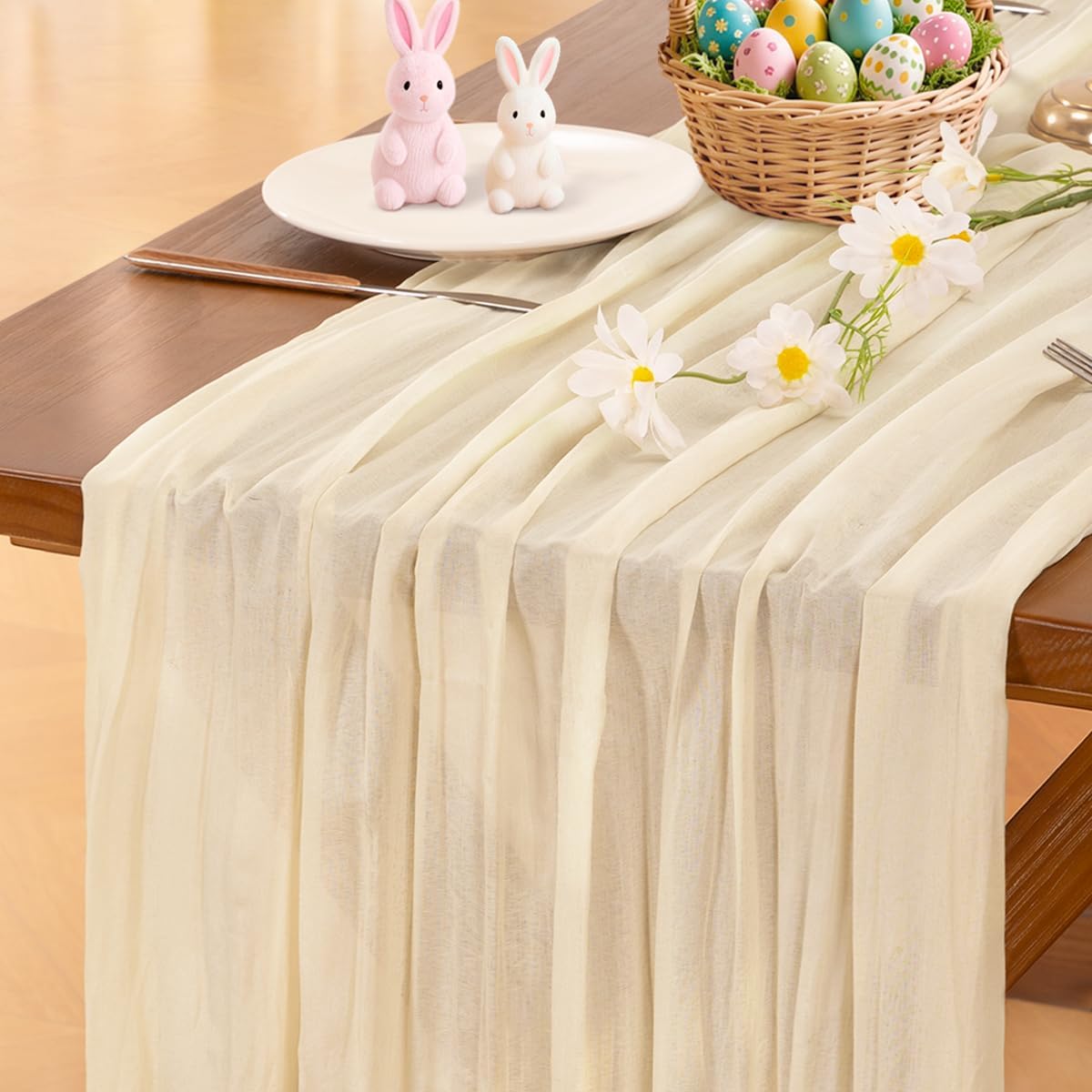 Socomi Cheesecloth Table Runner - 120 Inch Boho Rustic Design for Easter, Weddings & Home Decor