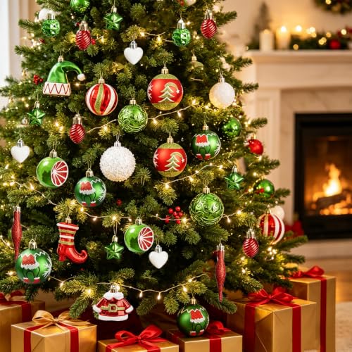 46-Piece Christmas Ornaments Set in Red & Green with Elf Hat, Santa, Stars – Shatterproof Baubles (GAOSOUPAI)