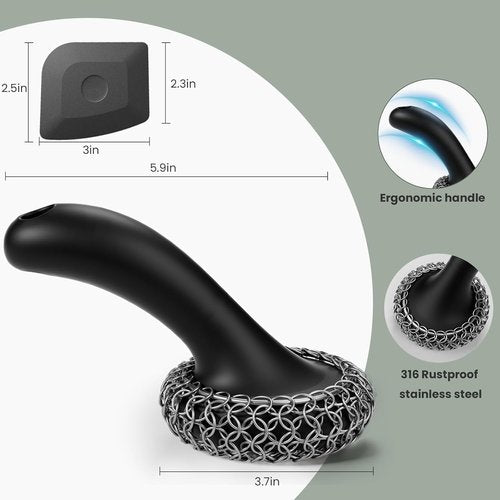 Cast Iron Cleaner | 316 Chainmail Scrubber with Long Handle - Dishwasher Safe Cleaning Kit (Black, 1 Scrubber + 1 Scraper)