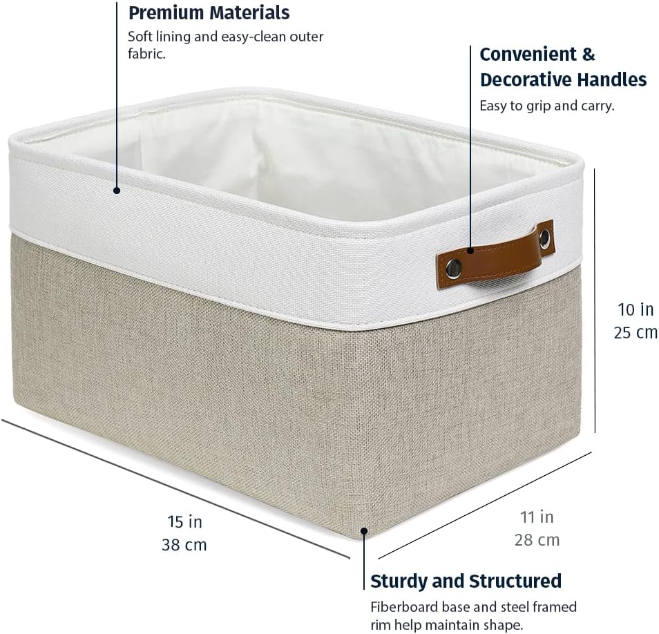 OrganiHaus Large Fabric Storage Baskets - 3 Pack Canvas Organizers for Shelves | 15x11in Beige/Off-White