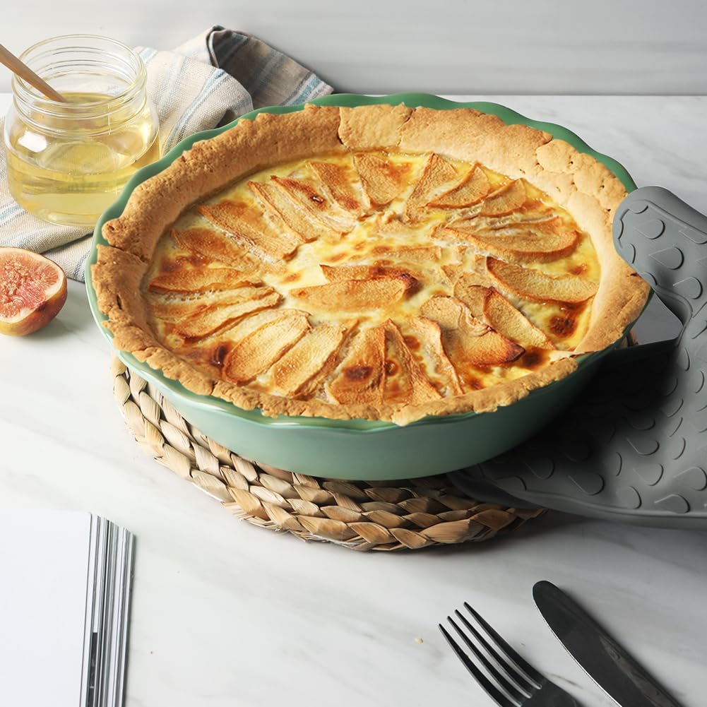 Sweejar Ceramic Pie Pan - 10 Inch Non-Stick Baking Dish with Soft Wave Edge | Green Color for Pies