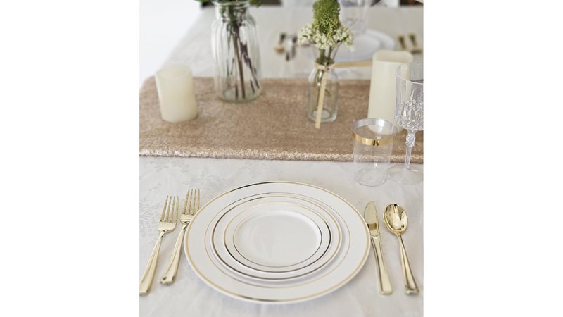 OCCASIONS 80 Plates Pack,(40 Guests) Heavyweight Premium Wedding Party Disposable Plastic Plates Set -40 x 10.5'' Dinner + 40 x 7.5'' Salad/Dessert (White & Gold Rim)