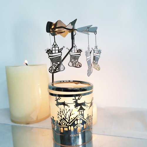 Kingnero Carousel Candle Holder - Spinning Metal Tea Light Candlestick for Home Decor | Christmas Socks Silver