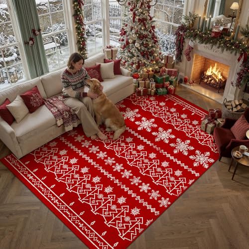 PureCozy 8' x 10' Christmas Snowflake Area Rug, Red – Washable, Non-Slip