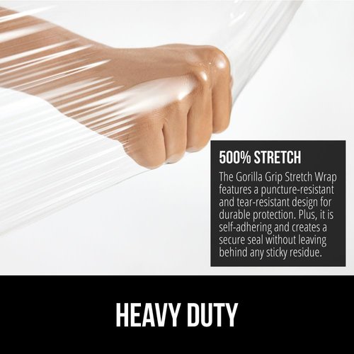 GORILLA GRIP Heavy Duty Stretch Film - 500ft Puncture Resistant Plastic Wrap for Shipping & Moving | Clear