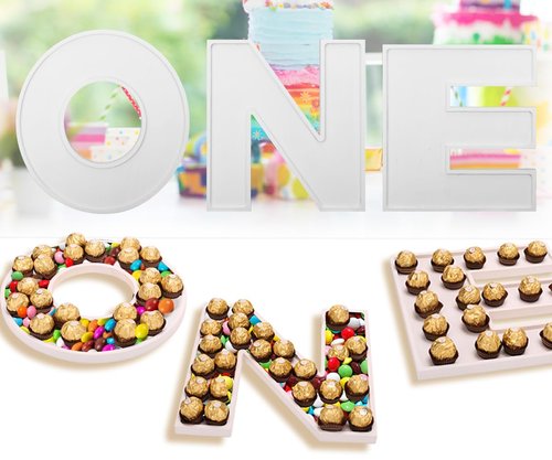 3PCS Larger Charcuterie Letter 12” ONE fillable Tray, Baby Serving Trays for Food, Wood Letter Chocolate Candy Tray for Baby Shower Party Favors (ONE- White)