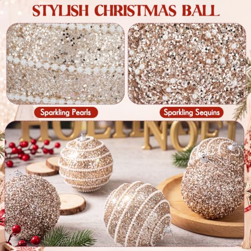 Champagne Gold Christmas Ball Ornaments 12 Pack - 3.94 in Large Pearl Accents