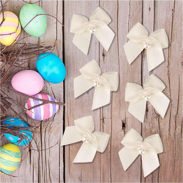 60-Piece Mini Satin Ribbon Bows with Pearl - Ivory Craft Appliques for Sewing