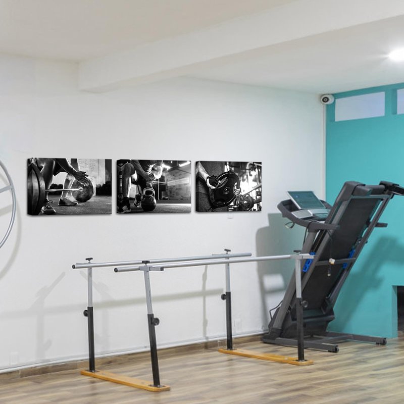 RnnJoile 3 Piece Gym Canvas Wall Art Barbell Painting Prints Black White Sport Picture Framed Ready to Hang 16" x20 (Medium)