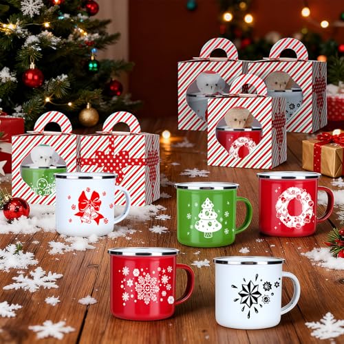 Christmas Mug Gift Set - 6 Enamel Coffee Mugs with Bear Dolls & Gift Boxes