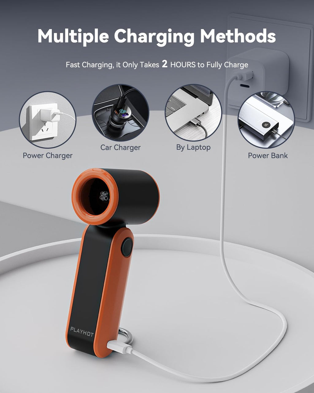 PlayHot Portable Mini Fan - Lightweight 5-Speed Handheld Fan | 3000mAh Rechargeable, 10-Hour Battery Life, Ideal for Travel & Outdoor Activities (Orange)