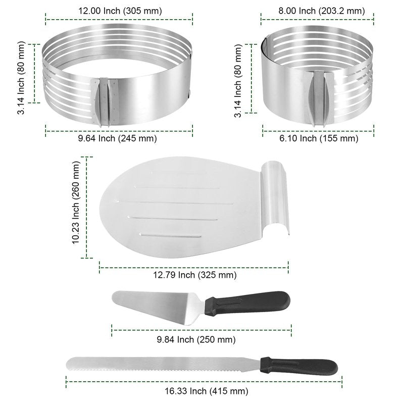 PINGEUI 5 PCS Cake Making Supplies Set, Cake Ring Mold 6 to12 Inch Adjustable Stainless Steel Cake Cutter Leveler, 7 Layer Cake Slicer Cutter