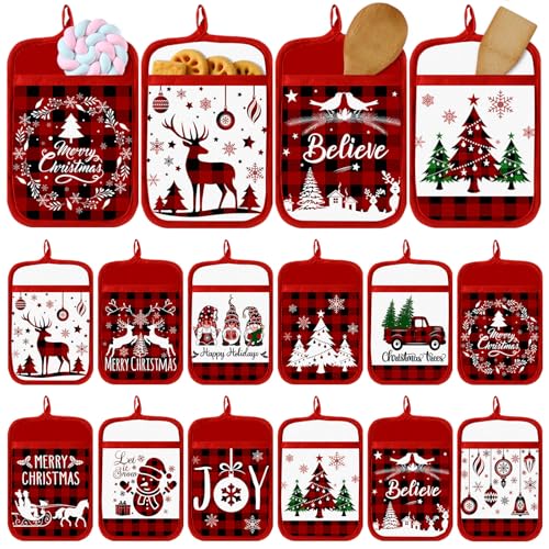 Jingmore 12 Pcs Christmas Pot Holders with Pocket – Classic Red Cotton Oven Mitts