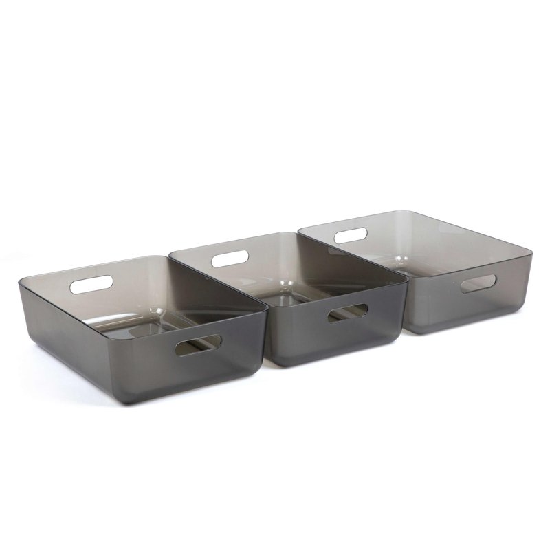 Three by Three Seattle Restak Recycled Storage Medium Short Bin Set of 3 | Eco-Friendly, Durable & Space-Saving Bins for Home or Office, Translucent Gray
