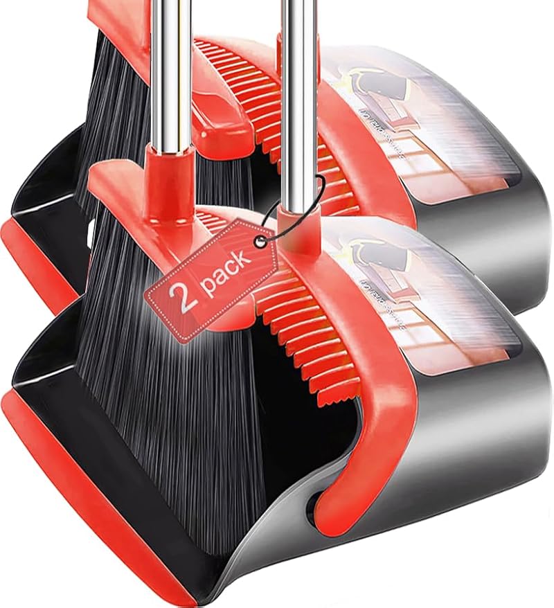 Broom and Dustpan Set (2-Pack) with 52" Adjustable Handle & Self-Cleaning Teeth