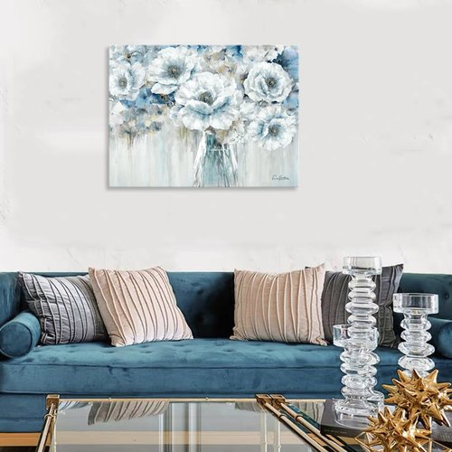 White Flower Canvas Wall Art, Blue and Gray Floral Picture in Vase for Living Room Bedroom Decor 32 x 24