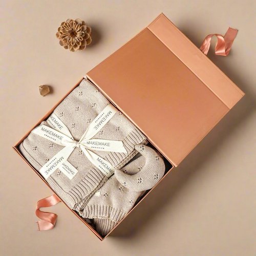 MakeMake Organics GOTS Certified Organic Cotton Baby Boys Girls Knit Baby Blanket Pointelle Lovey Newborn Gift Baby Shower Set - Moon Beige, 30"x40"