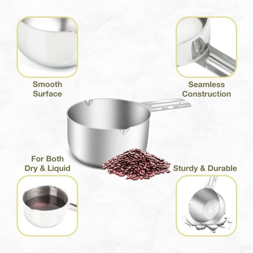 BERYLER 2PCS 2Cup (480ml, 16oz) Single Measuring Cup, Etched Inner Scale Stainless Steel Measure Scoop, Metric and US Measurement, Dishwasher Safe