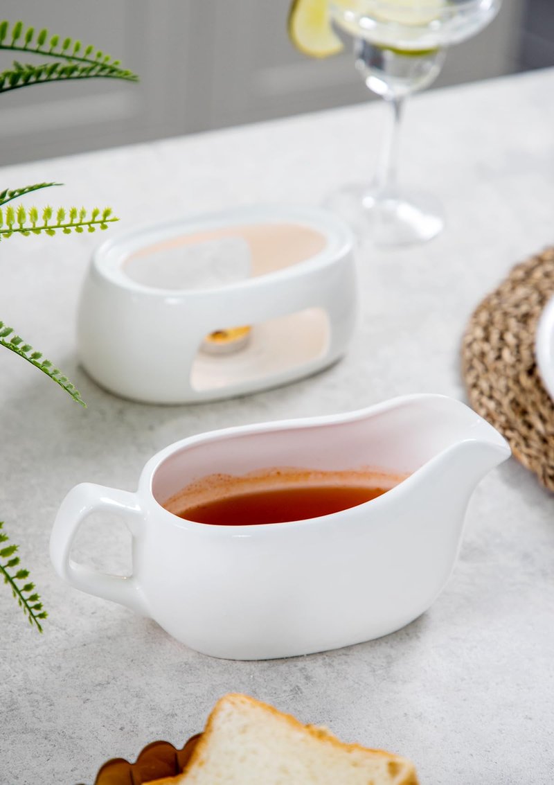 Nucookery Large 18 Oz Gravy Boat with Warmer, White Fine Porcelain Saucier With Big Dripless Lip Spout, Gravy Bowl For Thanksgiving, Warming Sauces, Salad Dressings, Microwave & Freezer Safe(Set of 2)