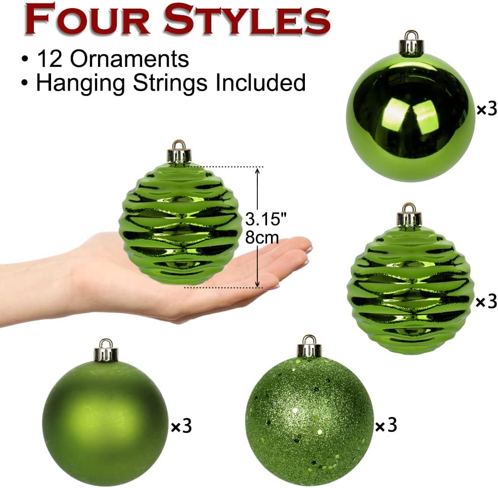 Skiennix Green Christmas Ball Ornaments - 12Pcs Shatterproof Medium Tree Decorations for Holiday Decor