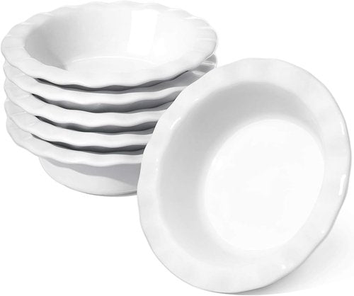 LE TAUCI Mini Pie Pans - 6.5 Inch Ceramic Pie Plates with Ruffled Edges | Set of 6, White, 12 Ounce Ramekins