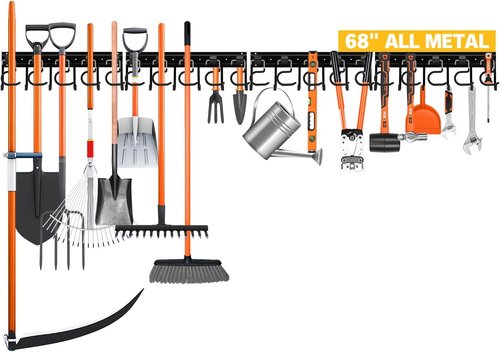 ELEAD 68'' All Metal Garden Tool Organizer - Adjustable Wall Mount with Black Hooks for Garage Storage