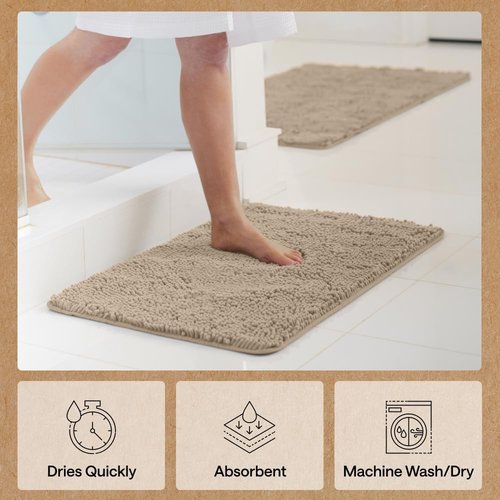 GORILLA GRIP Bath Rug Mat - Thick Soft Absorbent Chenille | Quick-Dry Microfiber, 24x17, Gray Beige
